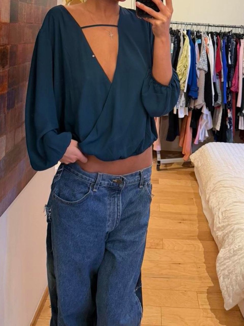 nine britton Teal Wrap-Front V-Neck Blouse